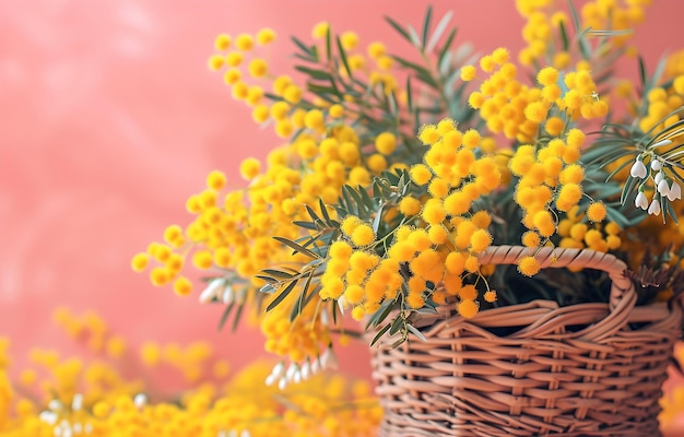 Cesto di fiori di mimosa gialli gocce di neve su un retro primavera blu