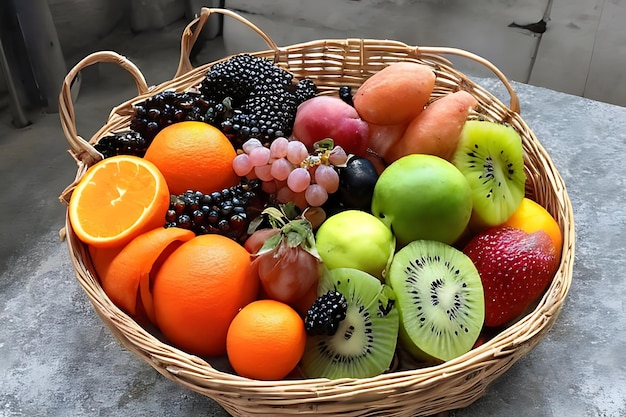 Cesto di frutta biologico, alimentazione sana, varietà fresca, cena di fitness generata dall'IA