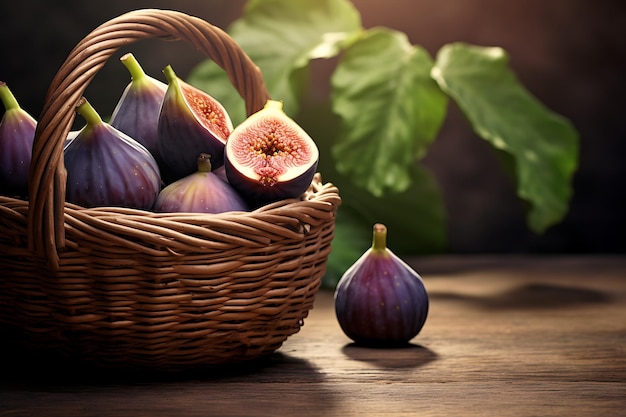 Cesto di frutta fresca di fichi maturi su un tavolo di legno