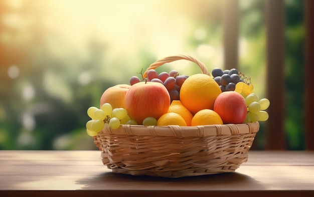 cesto di frutta sulla tavola di legno su priorità bassa vaga del giardino di frutti sotto il sole