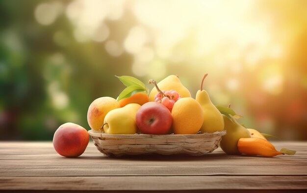 cesto di frutta sulla tavola di legno su priorità bassa vaga del giardino di frutti sotto il sole
