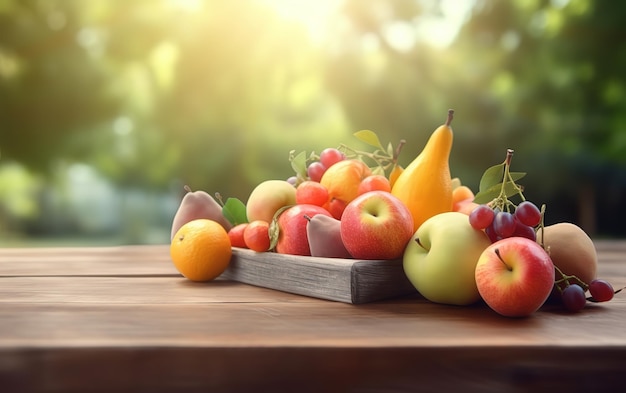 cesto di frutta sulla tavola di legno su priorità bassa vaga del giardino di frutti sotto il sole