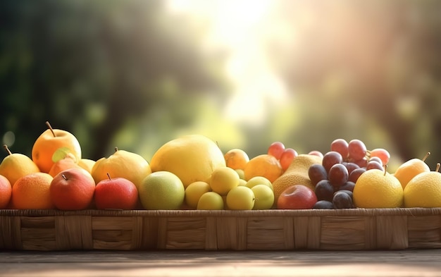 cesto di frutta sulla tavola di legno su priorità bassa vaga del giardino di frutti sotto il sole