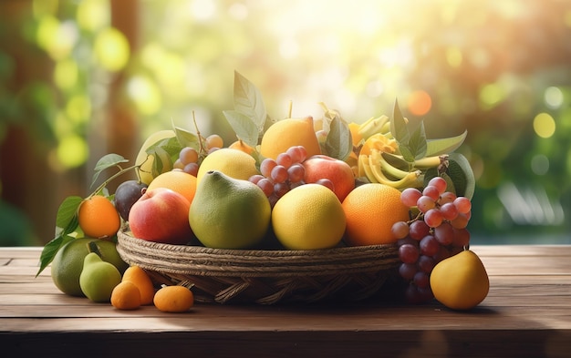 cesto di frutta sulla tavola di legno su priorità bassa vaga del giardino di frutti sotto il sole