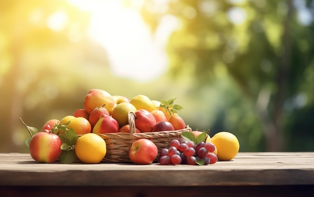 cesto di frutta sulla tavola di legno su priorità bassa vaga del giardino di frutti sotto il sole