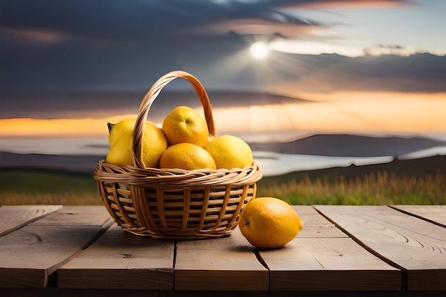 Cesto di limoni e un tramonto su un tavolo