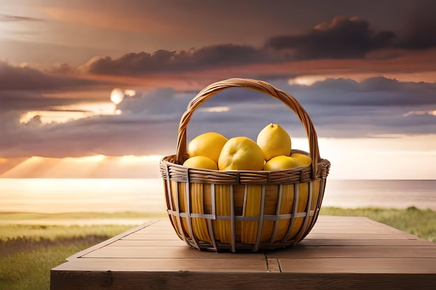 cesto di limoni gialli e un tramonto sulla spiaggia