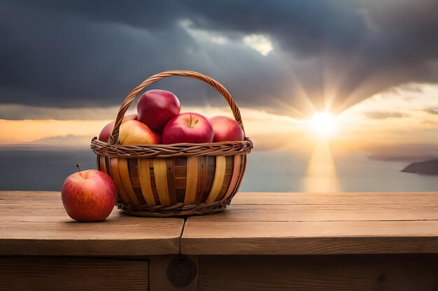 cesto di mele e tramonto sul balcone