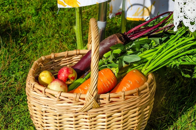 Cesto di paglia con verdure all'esterno sull'erba.