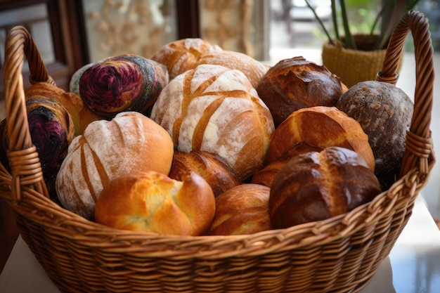 Cesto di pane artigianale appena sfornato pronto per essere gustato creato con intelligenza artificiale generativa