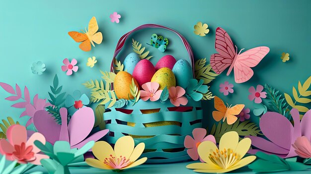 Cesto di Pasqua con uova colorate tagliate in carta