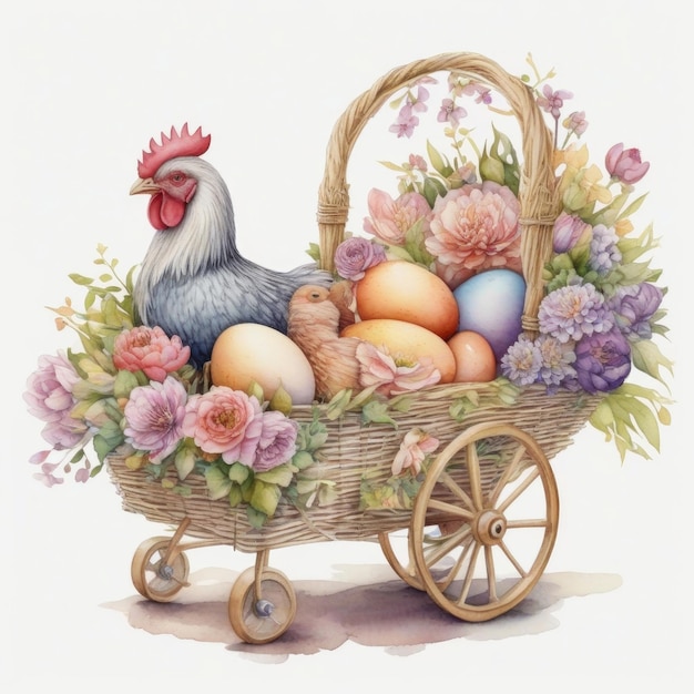 Cesto di Pasqua con uova di gallina e fiori Illustrazione ad acquerello