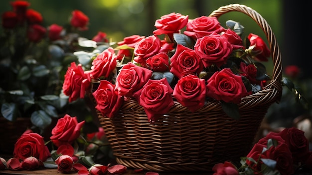 Cesto di rose rosse su uno sfondo di legno Bouquet di fiori generativo ai