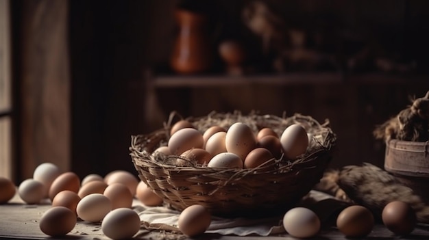 Cesto di uova di gallina su un tavolo di legno sopra fattoria in campagna