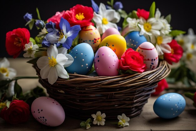Cesto di uova di Pasqua colorate con fiori