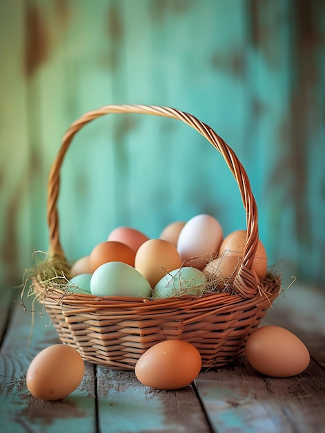 Cesto di uova di pollo colorate su un tavolo di legno nella fattoria di polli AI generativa