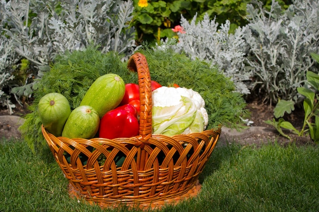 Cesto di verdure su un prato verde su uno sfondo di fiori