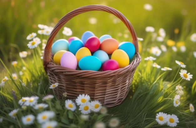 Cesto di vimini con uova colorate in una margherita da campo per Pasqua