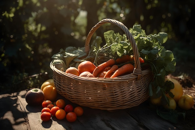 Cesto di vimini con verdure biologiche fresche in giardino in una giornata di sole Coltivare il proprio concetto di cibo AI generato
