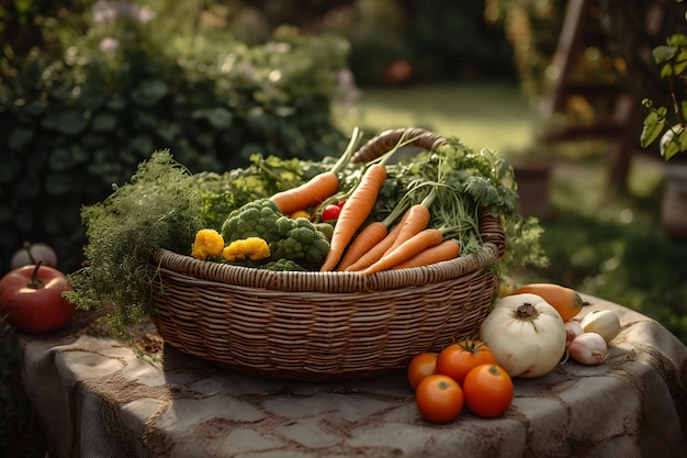 Cesto di vimini con verdure biologiche fresche in giardino in una giornata di sole Coltivare il proprio concetto di cibo AI generato