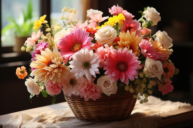 Cesto di vimini pieno di fiori di campagna sotto il sole IA generativo