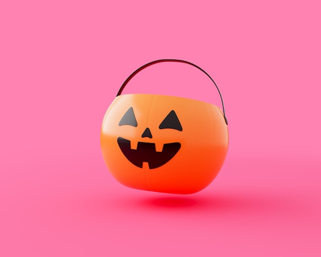 cesto di zucca con faccia felice che galleggia su uno sfondo rosa brillante isolato trick o trattare concetto di Halloween rendering 3D