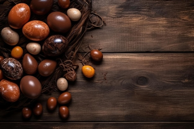 Cesto pieno di colorate uova di cioccolato su un tavolo in legno rustico creato con la tecnologia Generative AI