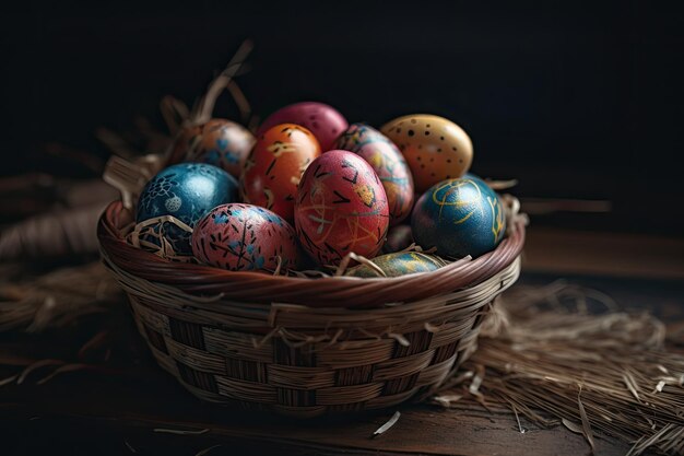 Cesto pieno di uova dipinte colorate per l'IA generativa di Pasqua