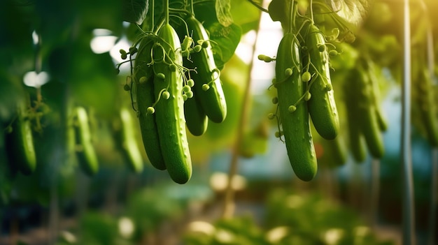 Cetrioli appesi all'albero con il sole che splende su di loro