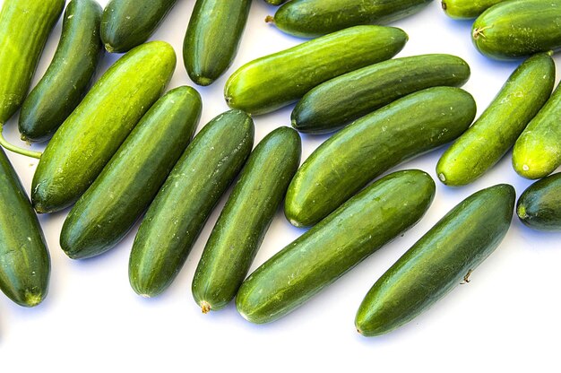 Cetrioli da giardino naturali allineati su uno sfondo bianco