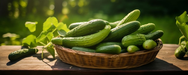 Cetrioli freschi in un cesto su un tavolo di legno in giardino AI generativa