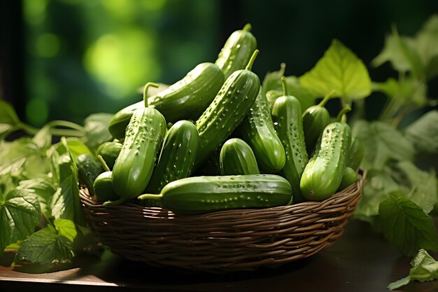 cetrioli sul cestino dietro sfondo verde sfocato concetto di cibo vegano