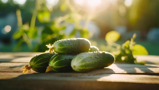 Cetrioli verdi freschi su tavolo di legno Verdure naturali e gustose Alimenti da giardino biologici