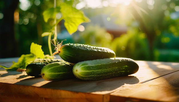 Cetrioli verdi freschi su tavolo di legno Verdure naturali e gustose Alimenti da giardino biologici