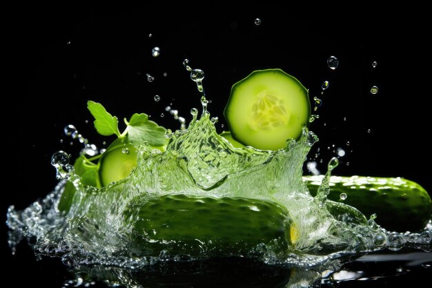 Cetriolo fresco galleggiante con spruzzi d'acqua su sfondo studio