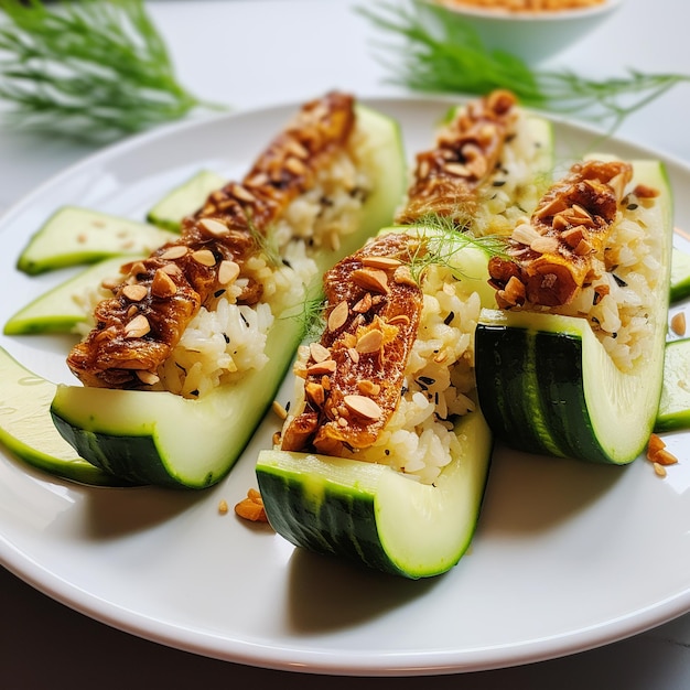 Cetriolo ripieno di riso e tempeh su un piatto