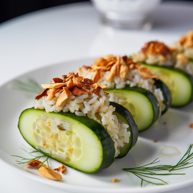 Cetriolo ripieno di riso e tempeh su un piatto