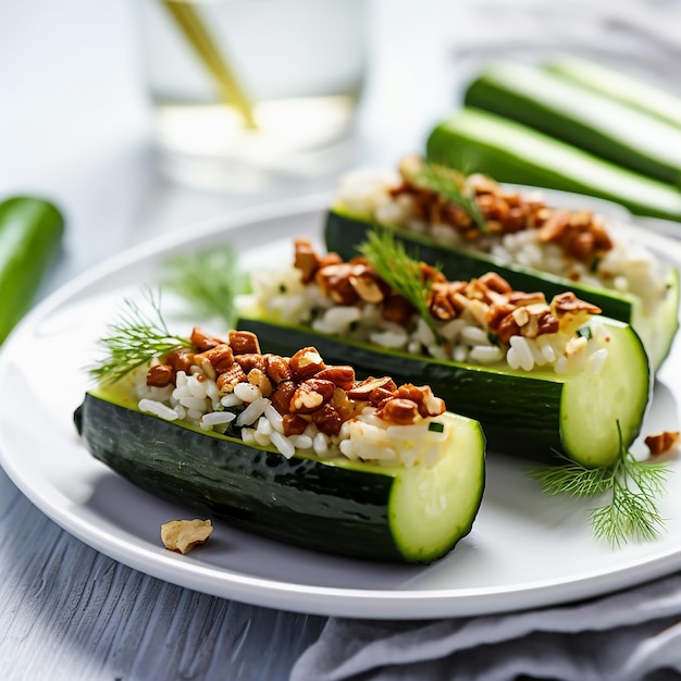 Cetriolo ripieno di riso e tempeh su un piatto