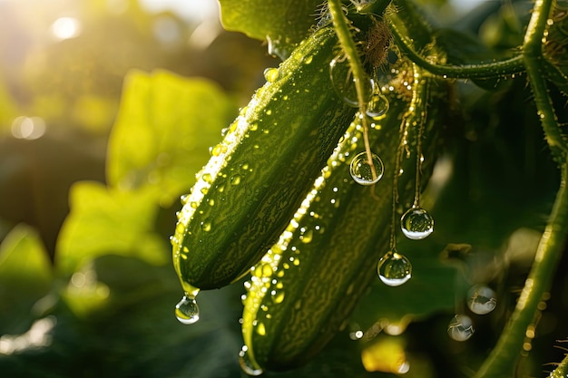 Cetriolo verde appeso ai rami freschi al mattino