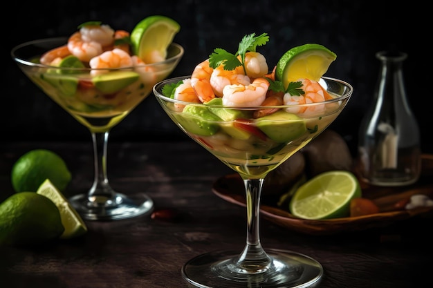 Ceviche di avocado e gamberi servito in un bicchiere da Martini Generative AI