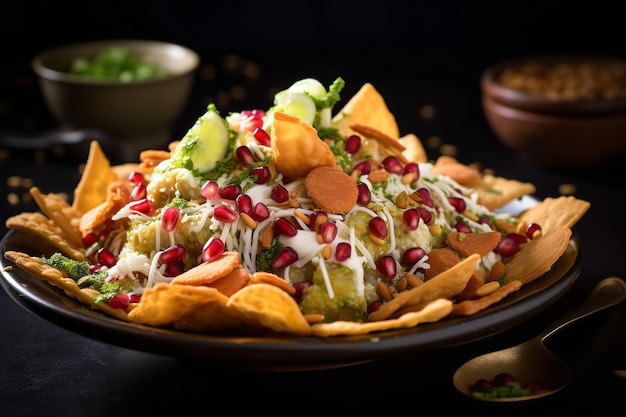 Chaat indiano appena preparato con papdi croccante