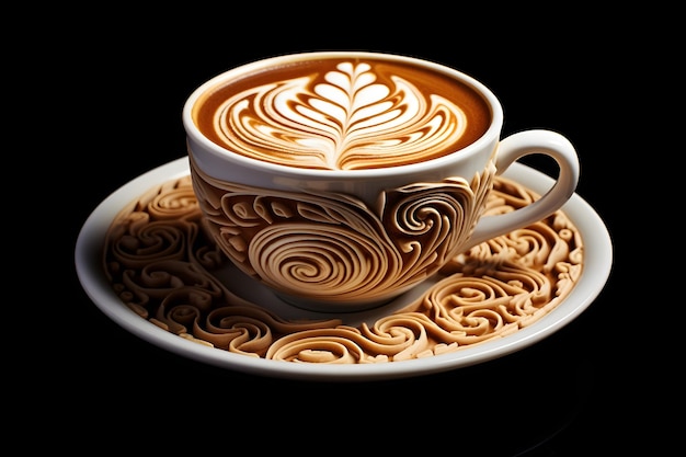 Chai latte arte modelli intricati creati con latte al vapore su una base di tè speziato