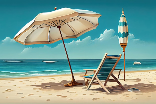 Chaise longue ed ombrellone sulla spiaggia di sabbia Generative Ai