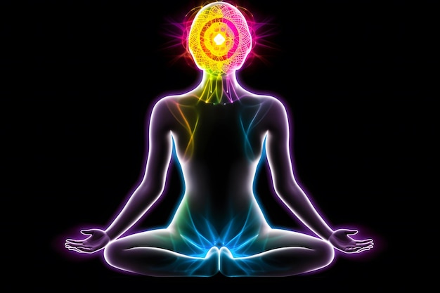 Chakra dell'aura dell'energia del corpo umano in meditazione Rete neurale Arte generata dall'AI