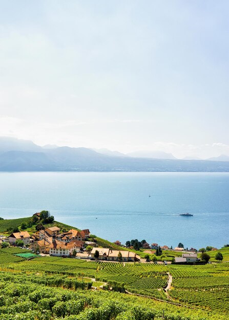 Chalet a Lavaux Vineyard Terraces sentiero escursionistico e nave sul Lago di Ginevra e sulle montagne svizzere, distretto di Lavaux-Oron in Svizzera