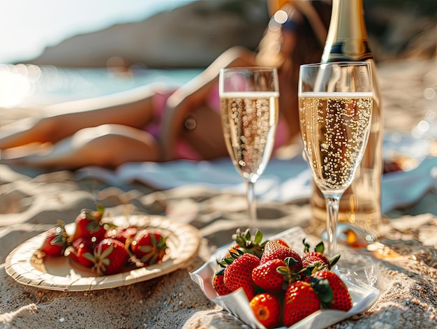 Champagne con bacche mature e una ragazza che prende il sole sulla spiaggia Vacanze estive