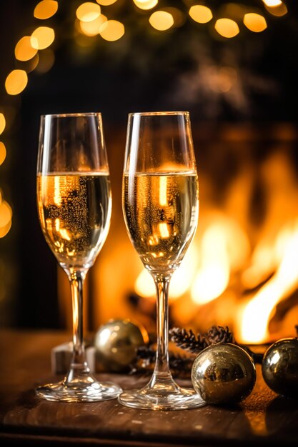 Champagne davanti a un camino in una celebrazione della vigilia di una festa Buon Natale Buon anno nuovo e Buon giorno desidera generativo ai