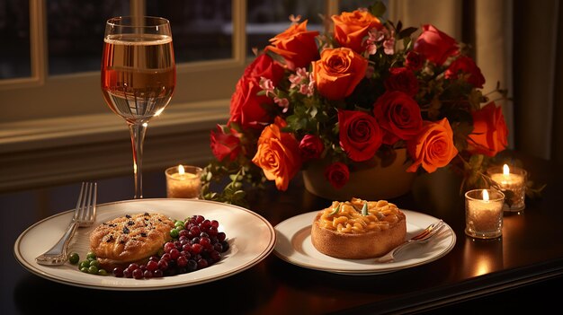 Champagne e bellissimo bouquet di rose con appuntamento romantico per cena a lume di candela