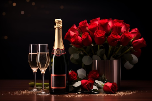 Champagne e un bel bouquet di rose di Generative Ai