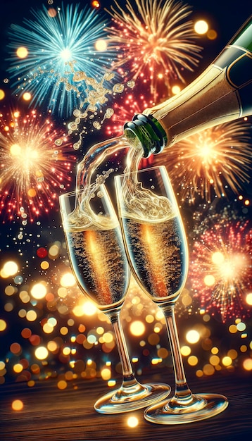 Champagne frizzante versato in bottiglia di bicchieri fuochi d'artificio colorati e luci sullo sfondo di Capodanno